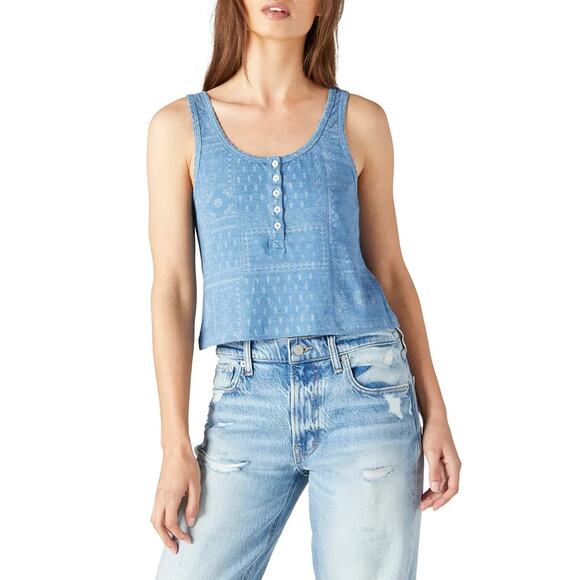 Lucky Brand Women Washed Blue Cotton Patchwork Print Boho Henley Tank Top Size L - Picture 1 of 3